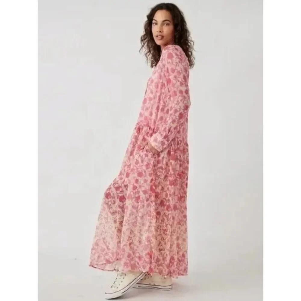 Free People XL Dainty Ethereal See It Through Maxi Dress Pink Rose Floral